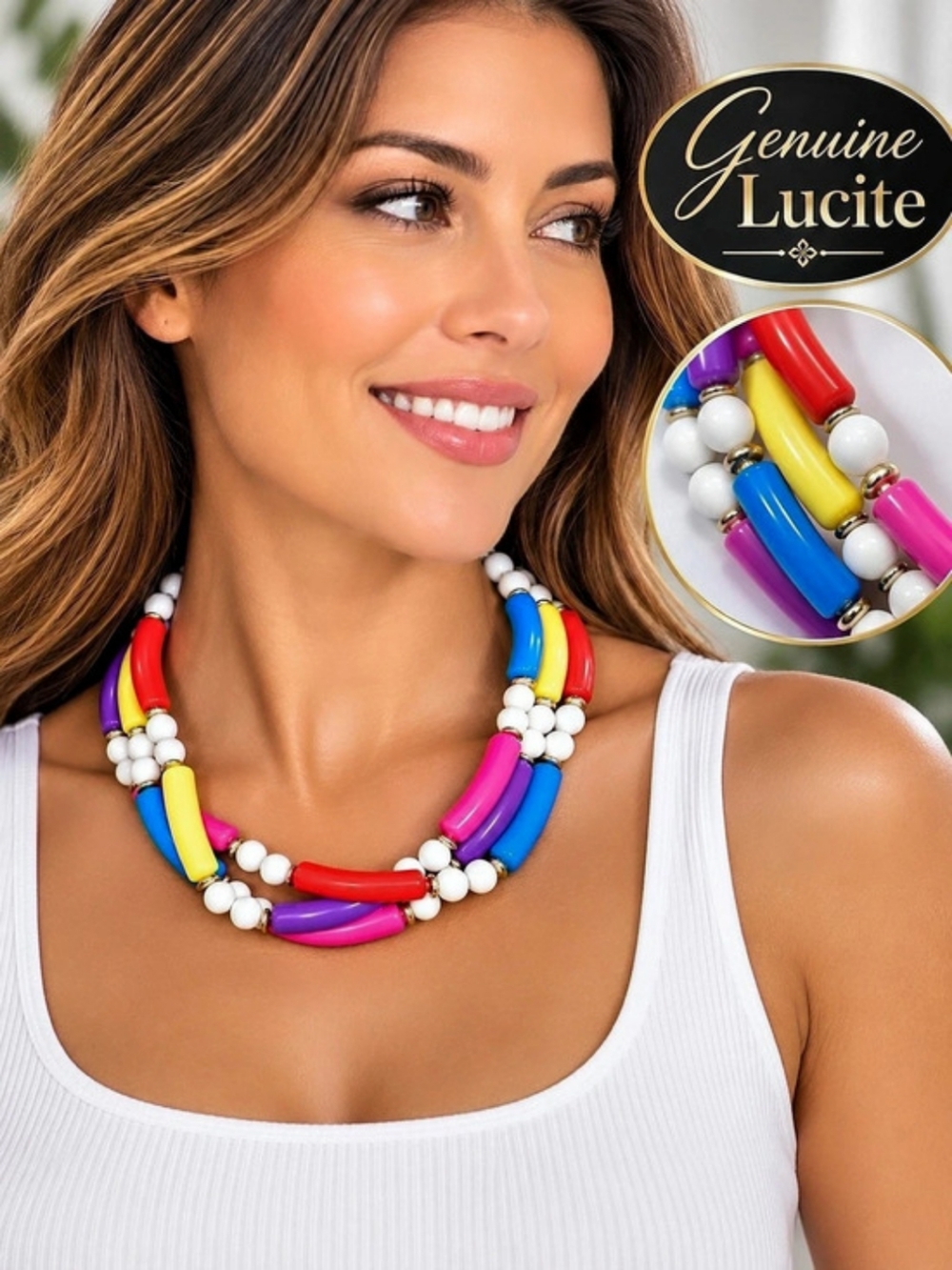 Multicolor & White Lucite Bead Necklace